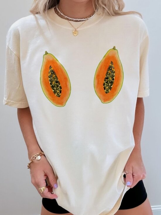 Tops - Papaya Shirt, Cottagecore Fruits Tee, Watercolor Papaya In Chest Shirts